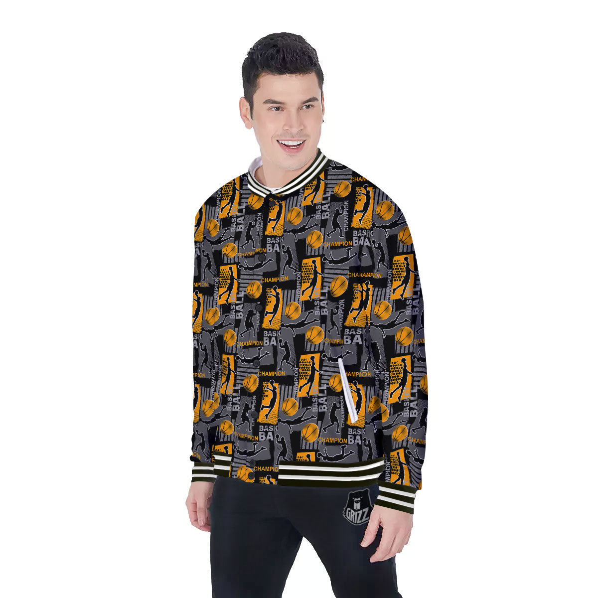 Basketball Black Yellow Print Pattern Baseball Jacket-grizzshop