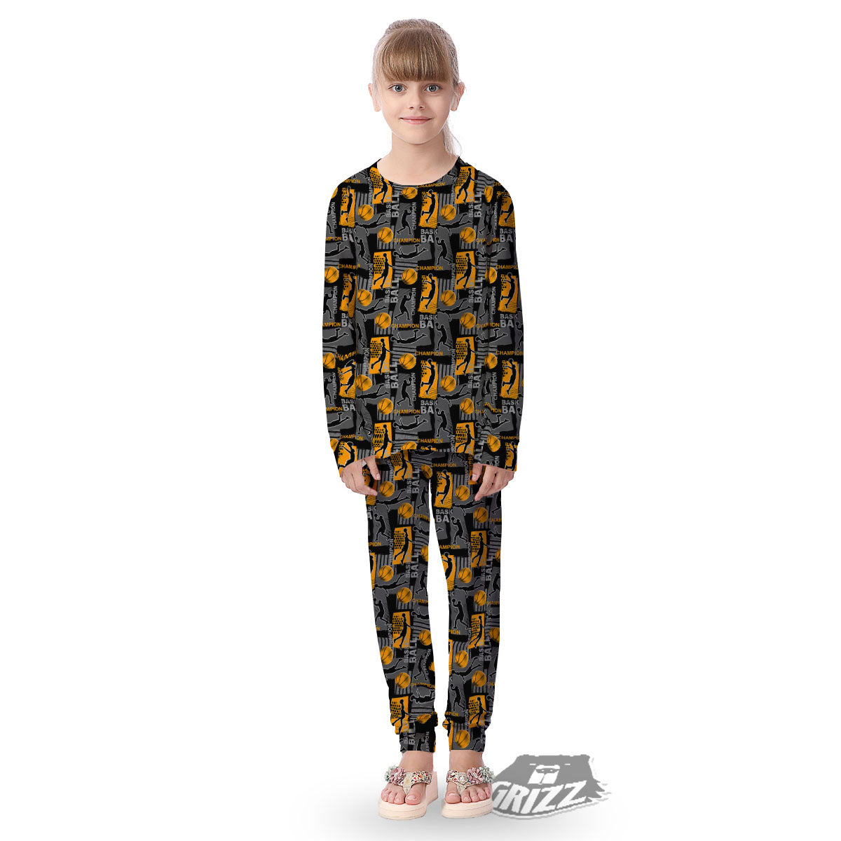 Basketball Black Yellow Print Pattern Kid's Pajamas-grizzshop