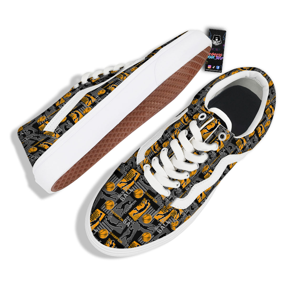 Basketball Black Yellow Print Pattern Skate Shoes-grizzshop