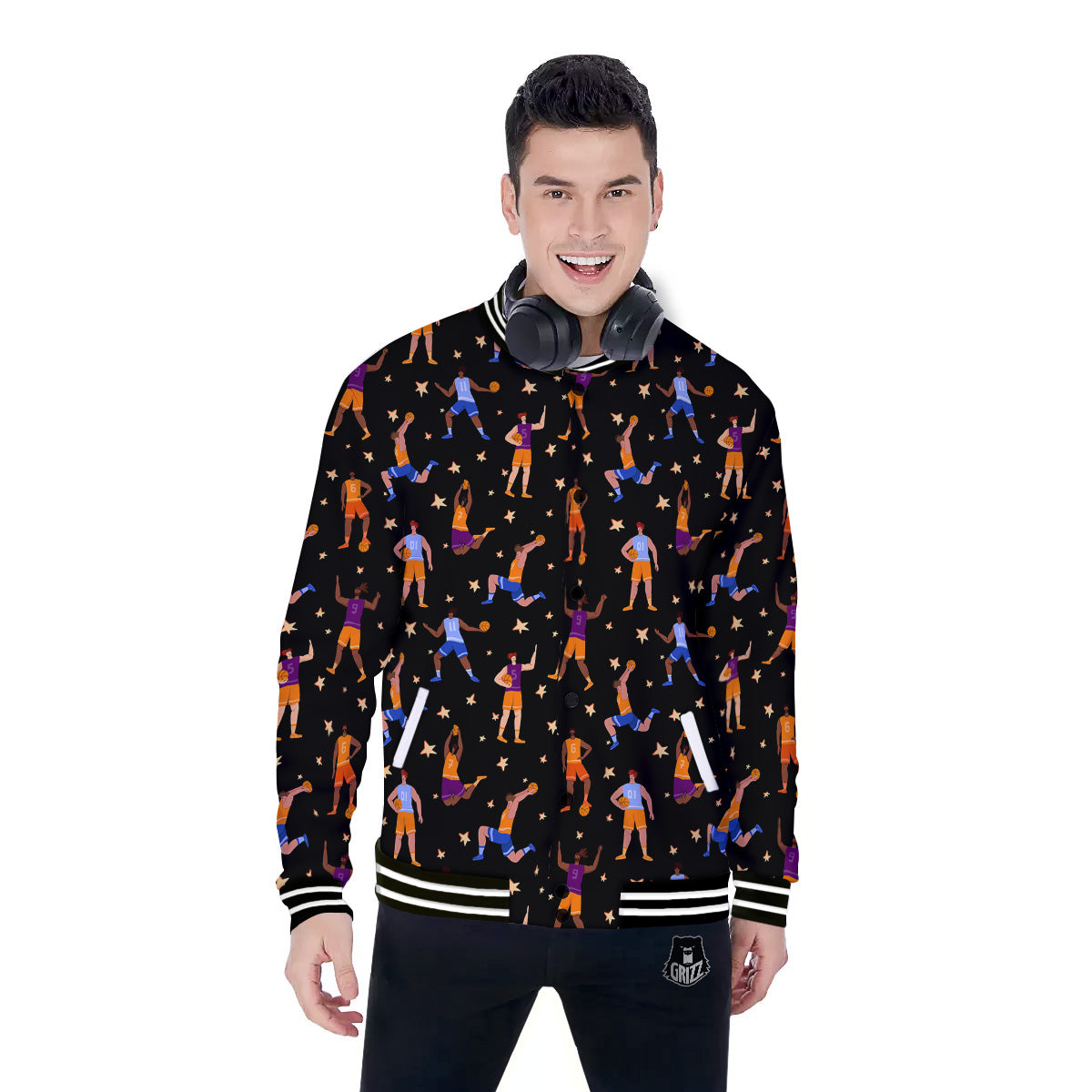 Basketball Players Funny Print Pattern Baseball Jacket-grizzshop