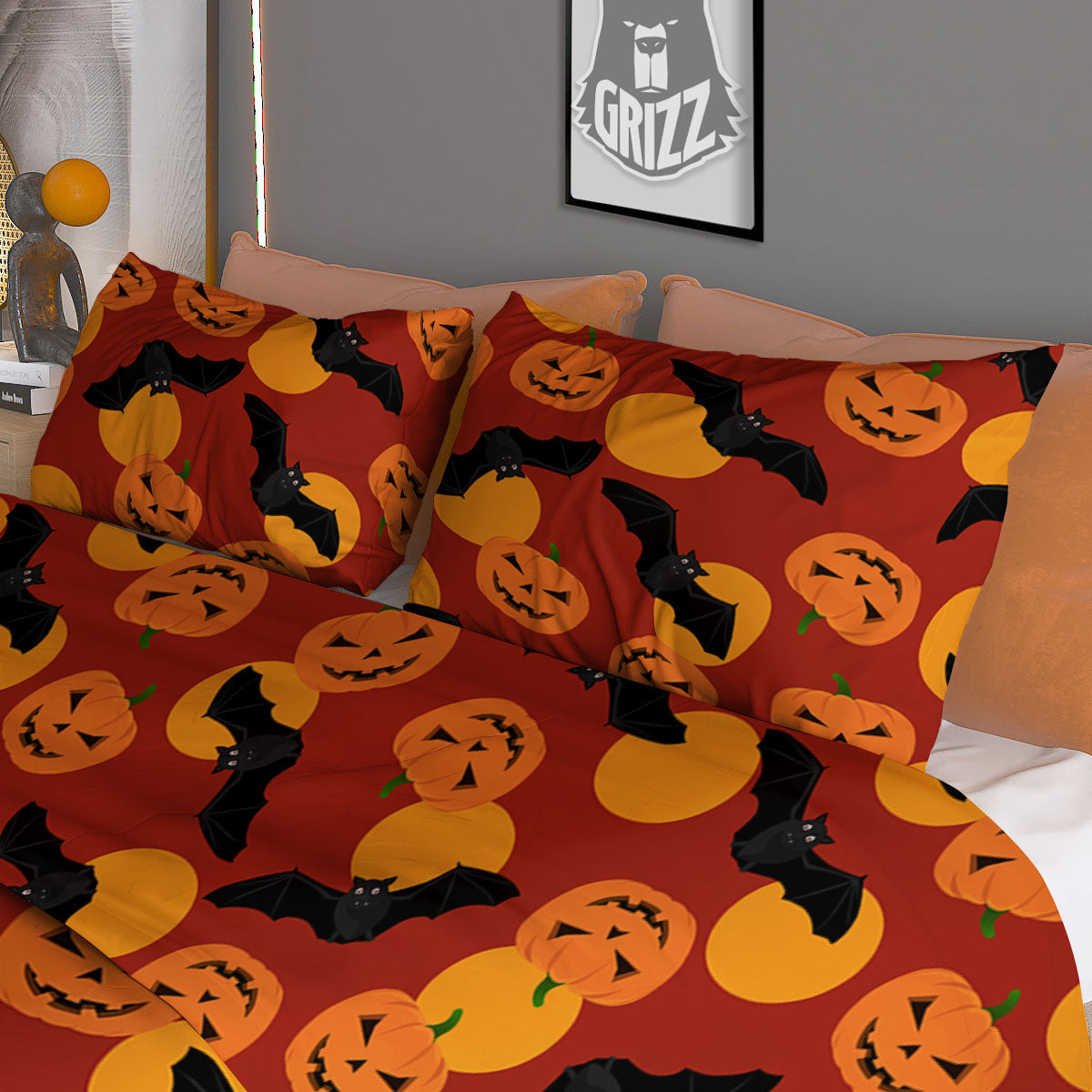 Bat And Pumpkin Halloween Print Pattern Duvet Cover Bedding Set