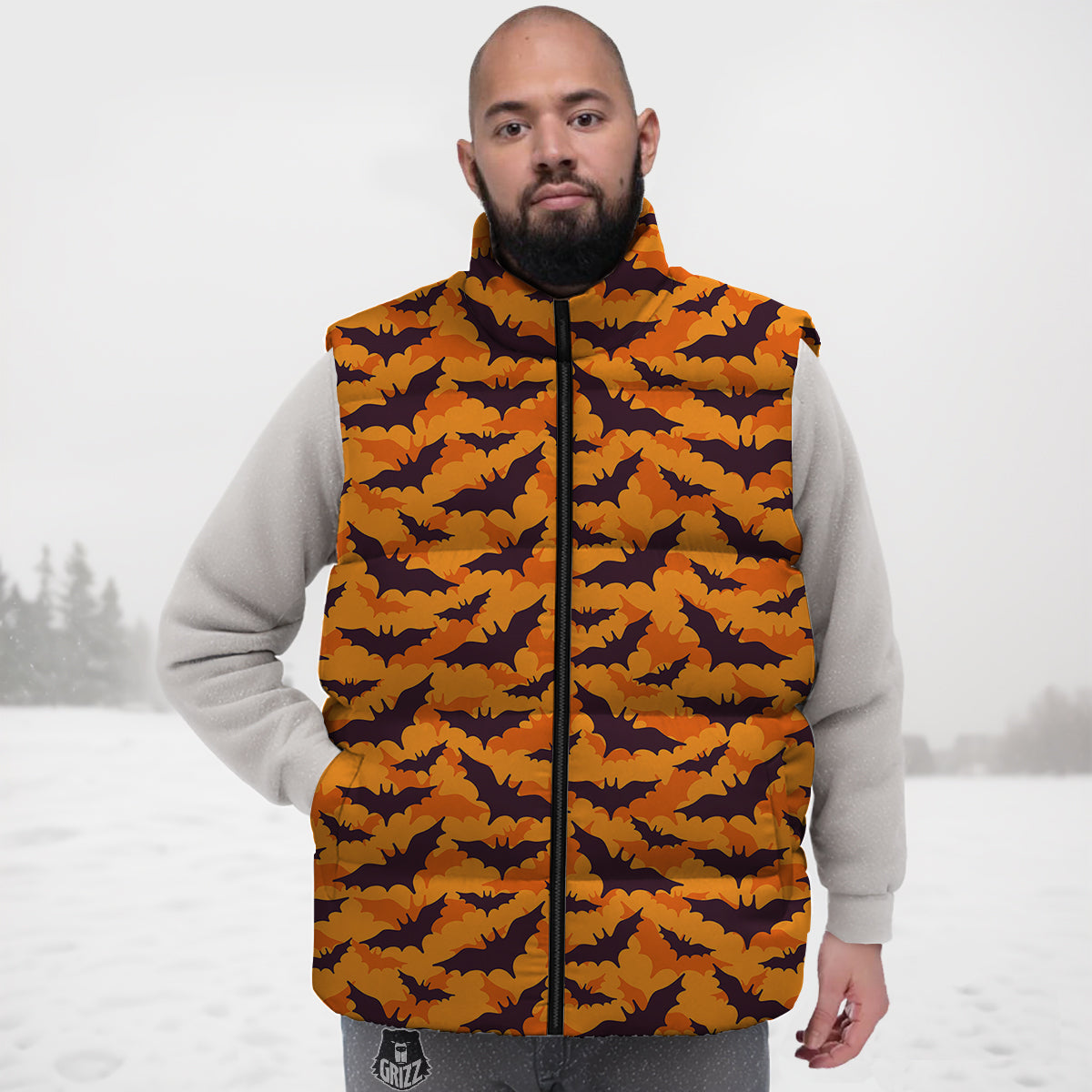 Bats Black And Orange Print Pattern Down Vest-grizzshop