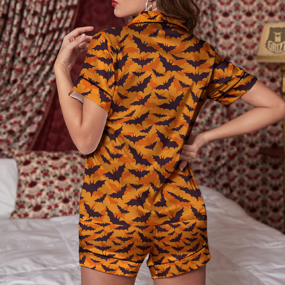 Bats Black And Orange Print Pattern Women Silk Pajamas-grizzshop