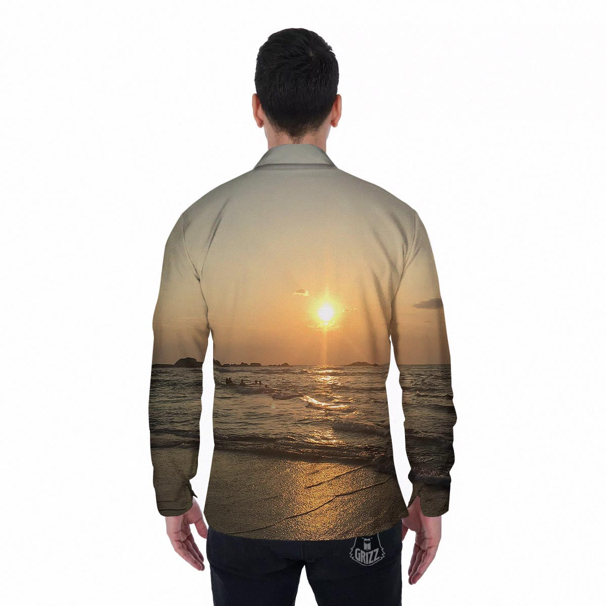 Beach Sunrise Print Men's Long Sleeve Shirts-grizzshop