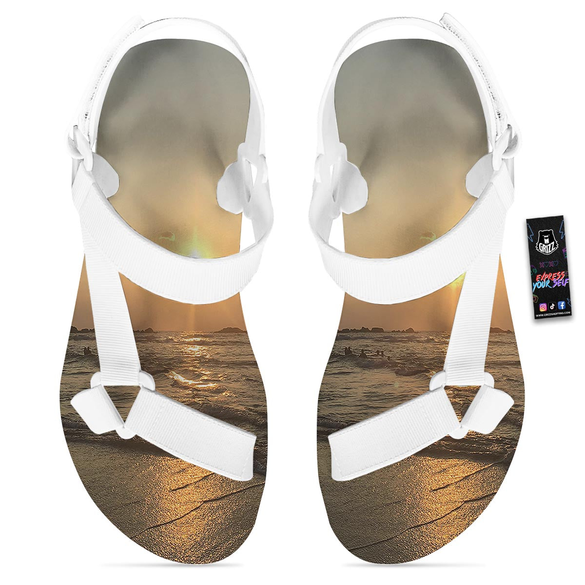 Beach Sunrise Print White Open Toe Sandals-grizzshop
