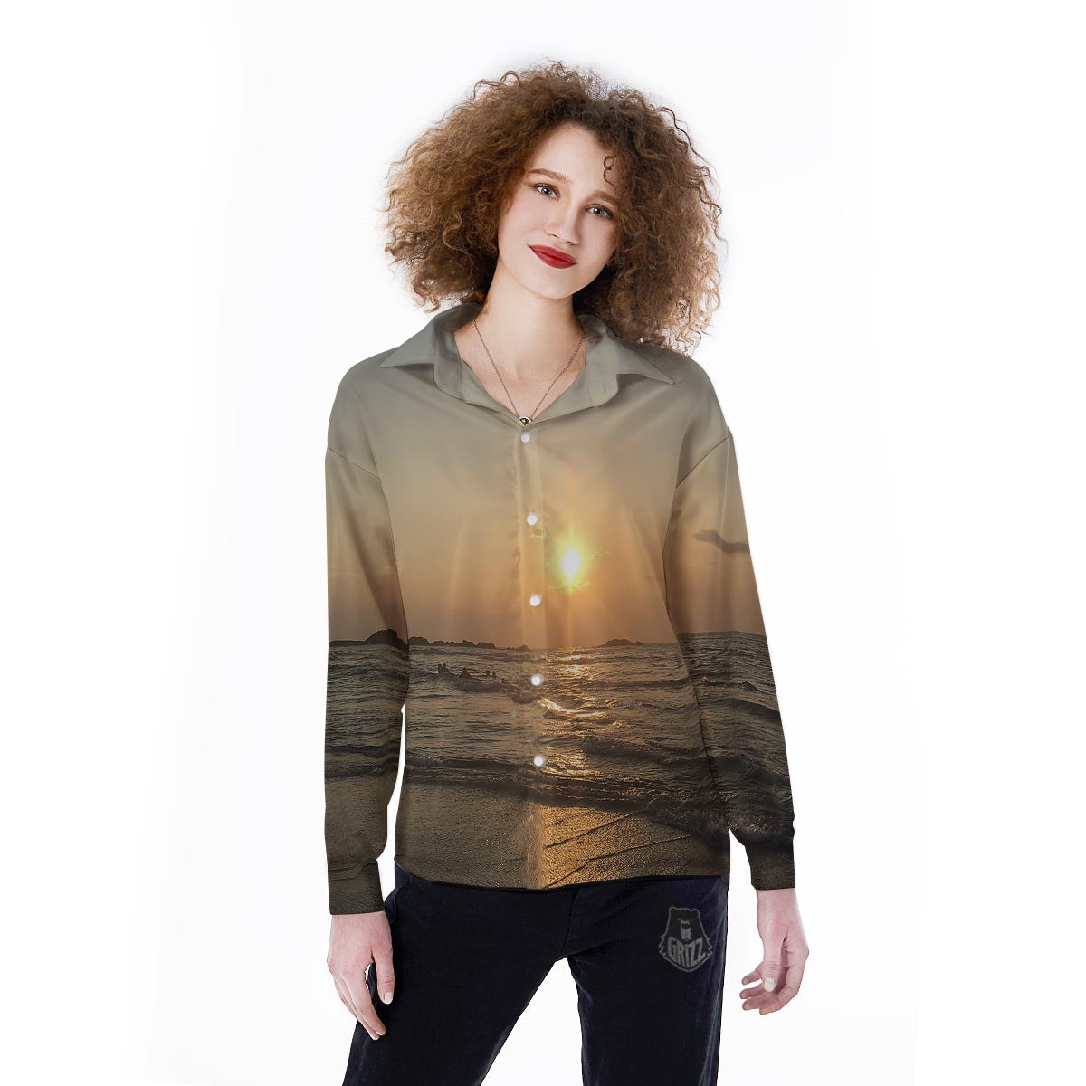 Beach Sunrise Print Women's Long Sleeve Shirts-grizzshop