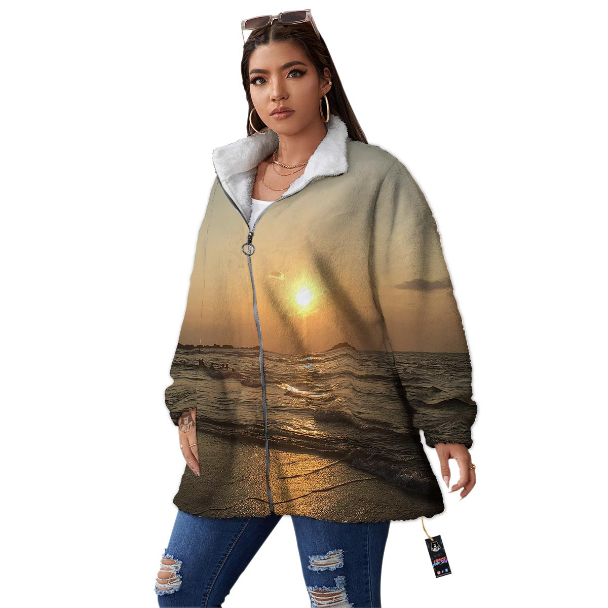 Beach Sunrise Print Women's Sherpa Jacket-grizzshop