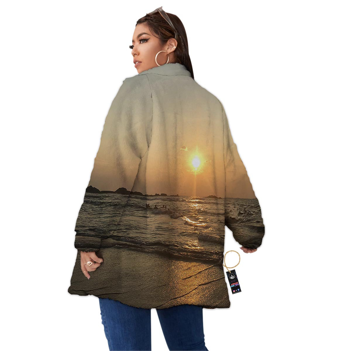 Beach Sunrise Print Women's Sherpa Jacket-grizzshop