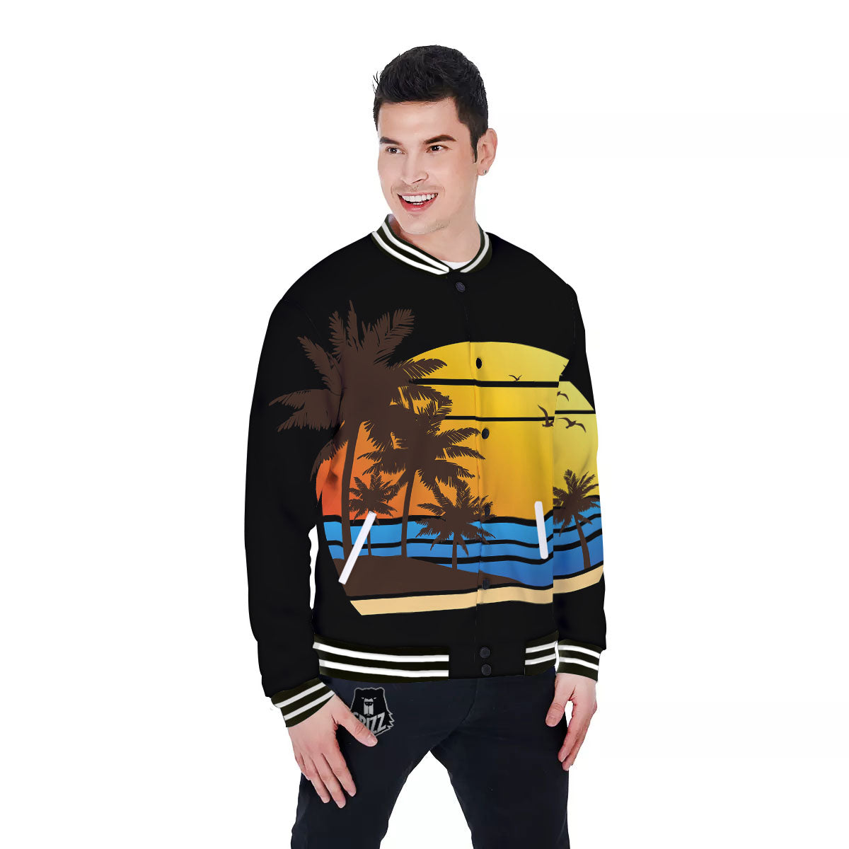 Beach Sunset Palm Tree Print Baseball Jacket-grizzshop