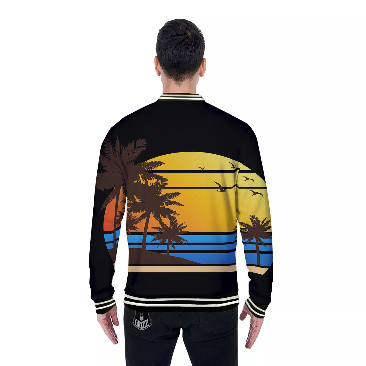 Beach Sunset Palm Tree Print Baseball Jacket-grizzshop