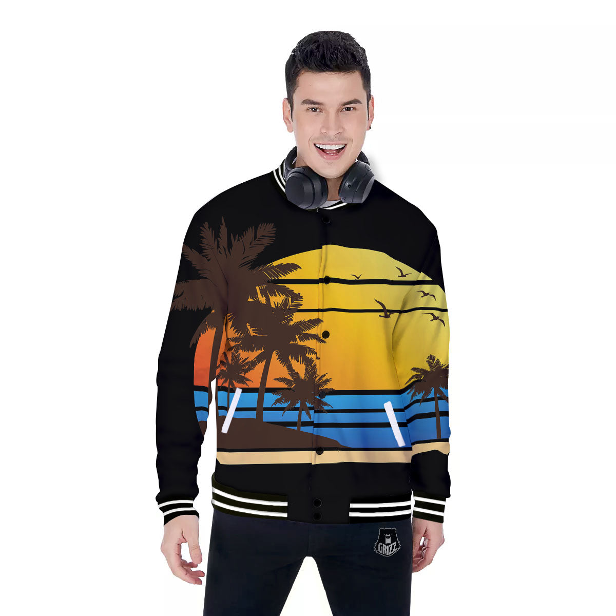 Beach Sunset Palm Tree Print Baseball Jacket-grizzshop