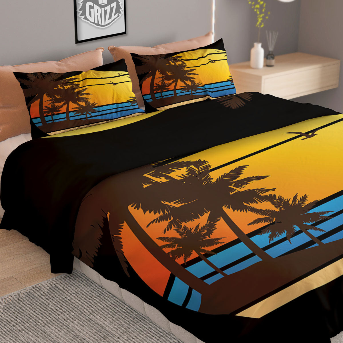 Beach Sunset Palm Tree Print Duvet Cover Bedding Set