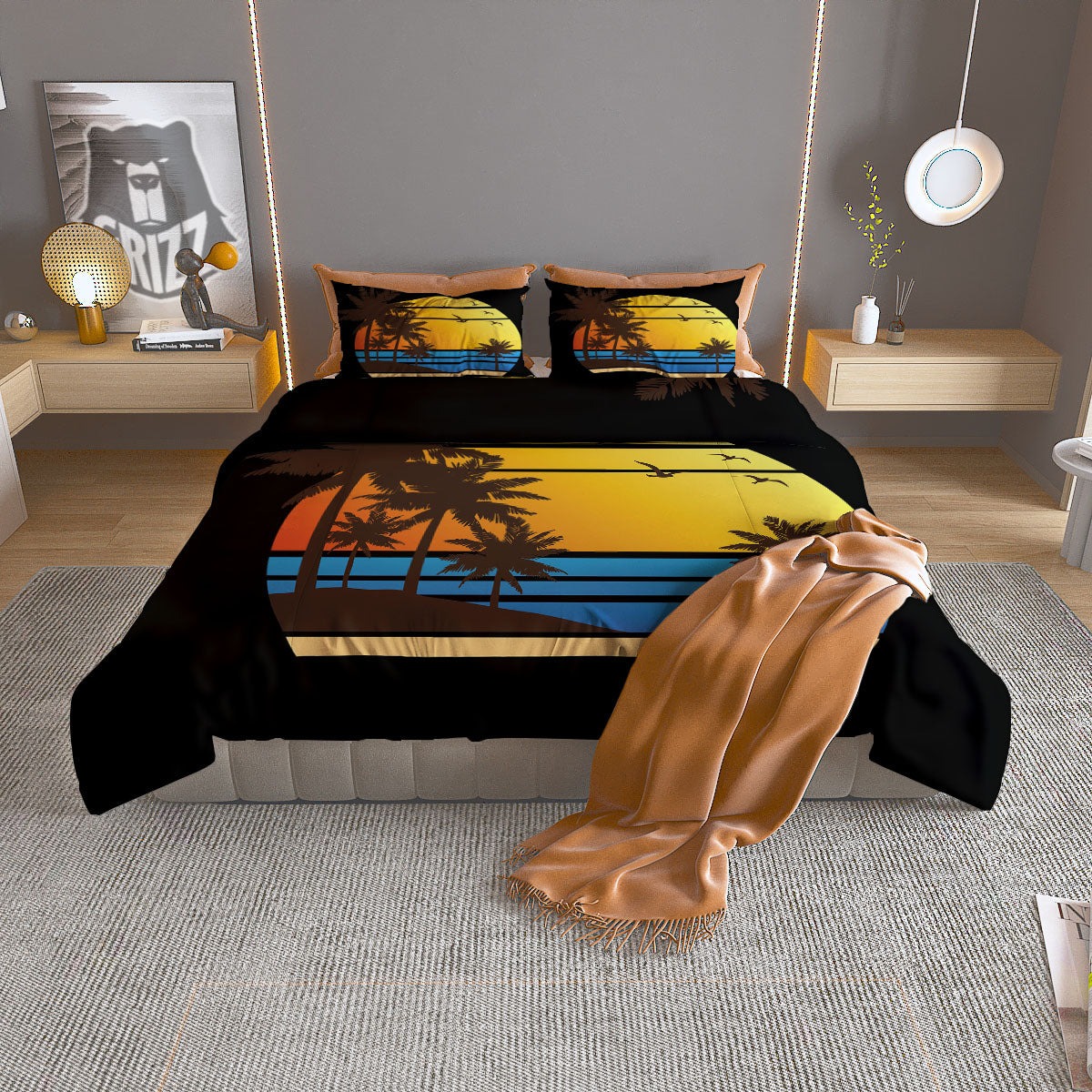 Beach Sunset Palm Tree Print Duvet Cover Bedding Set