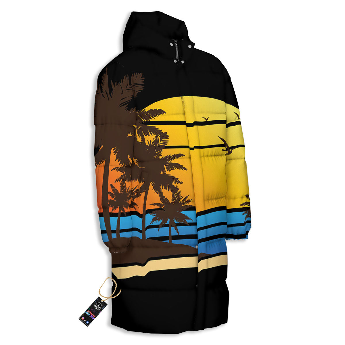 Beach Sunset Palm Tree Print Long Down Jacket-grizzshop