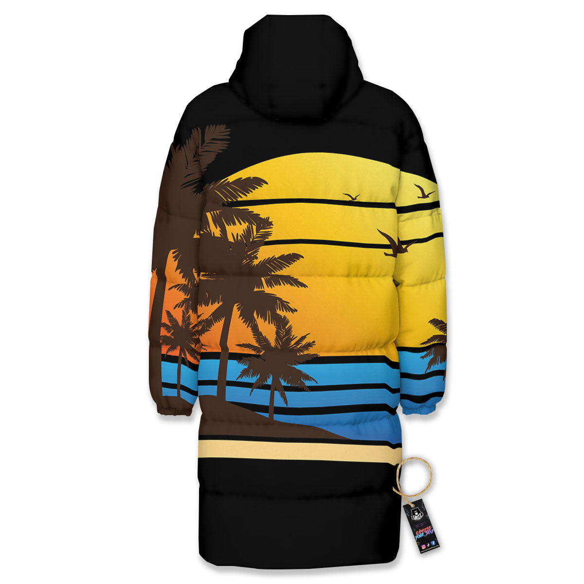 Beach Sunset Palm Tree Print Long Down Jacket-grizzshop