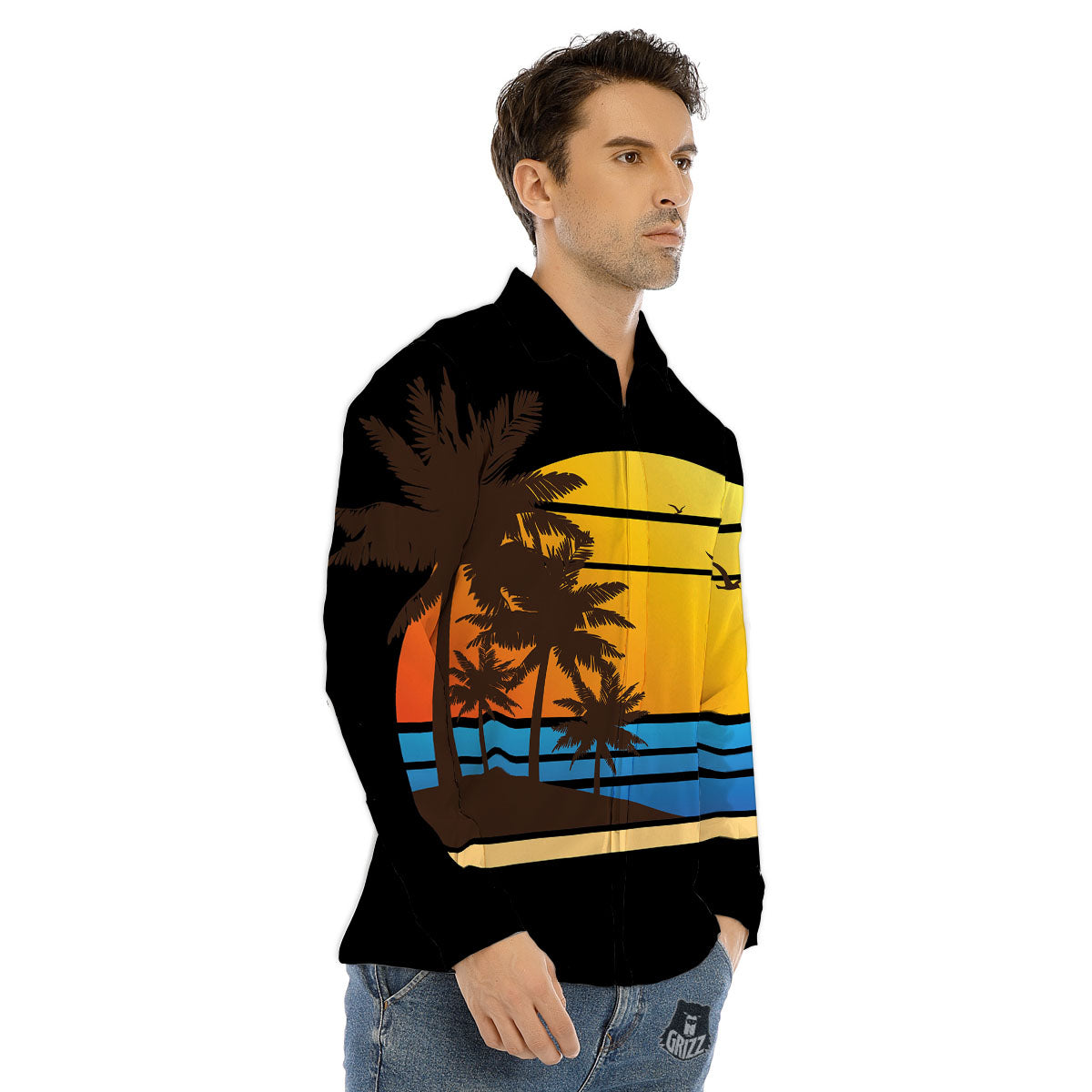 Beach Sunset Palm Tree Print Men's Dress Shirts-grizzshop