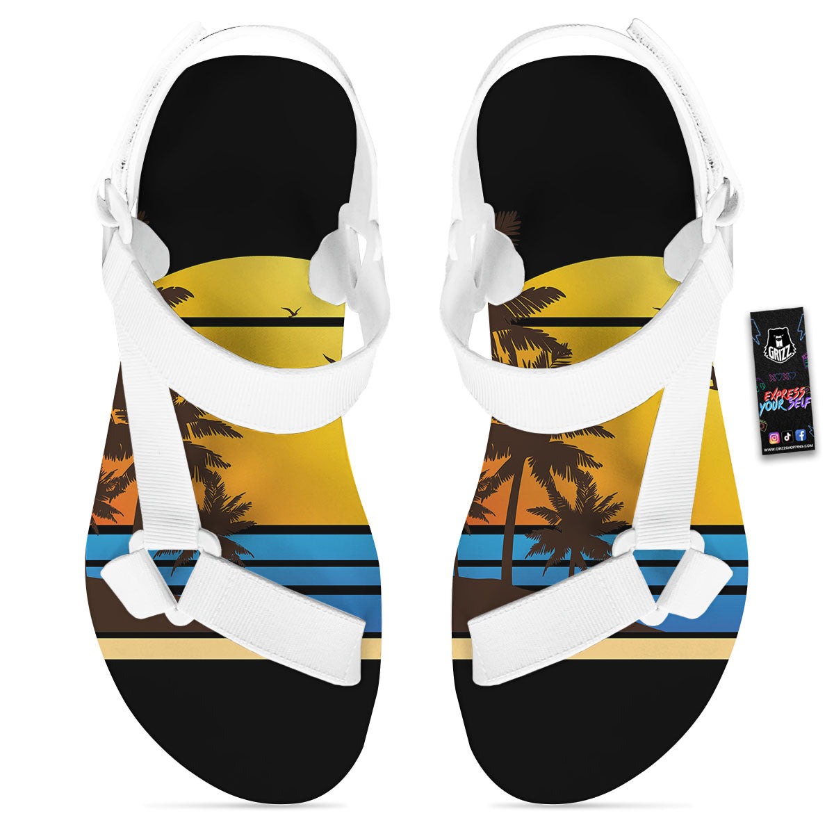 Beach Sunset Palm Tree Print White Open Toe Sandals-grizzshop