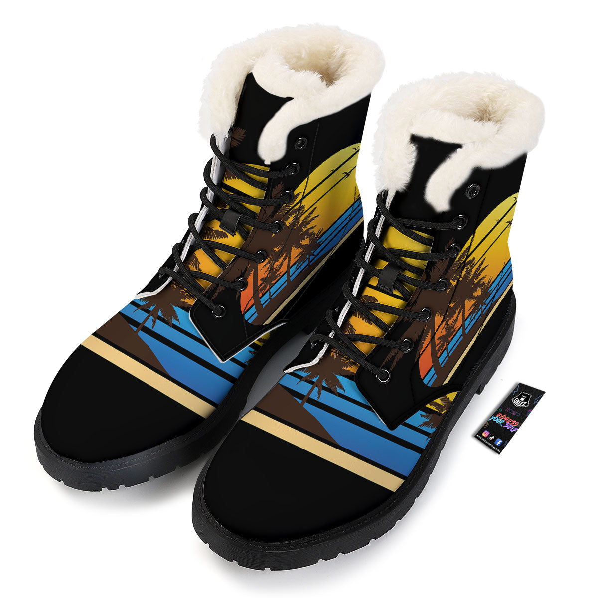 Beach Sunset Palm Tree Print Winter Boots-grizzshop