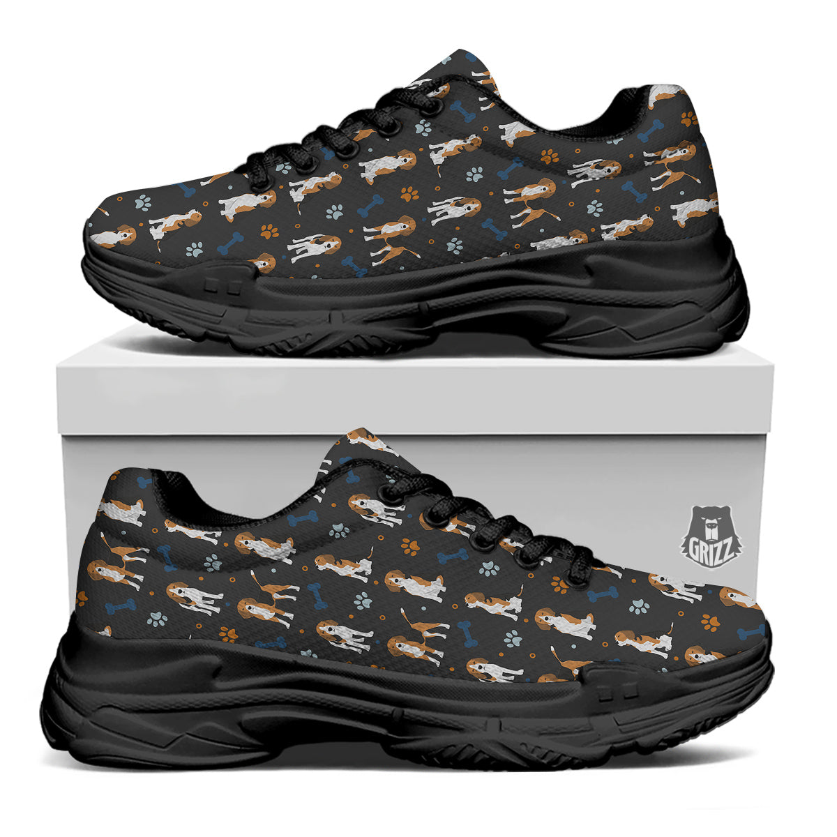 Beagle Cute Cartoon Print Pattern Black Chunky Shoes-grizzshop