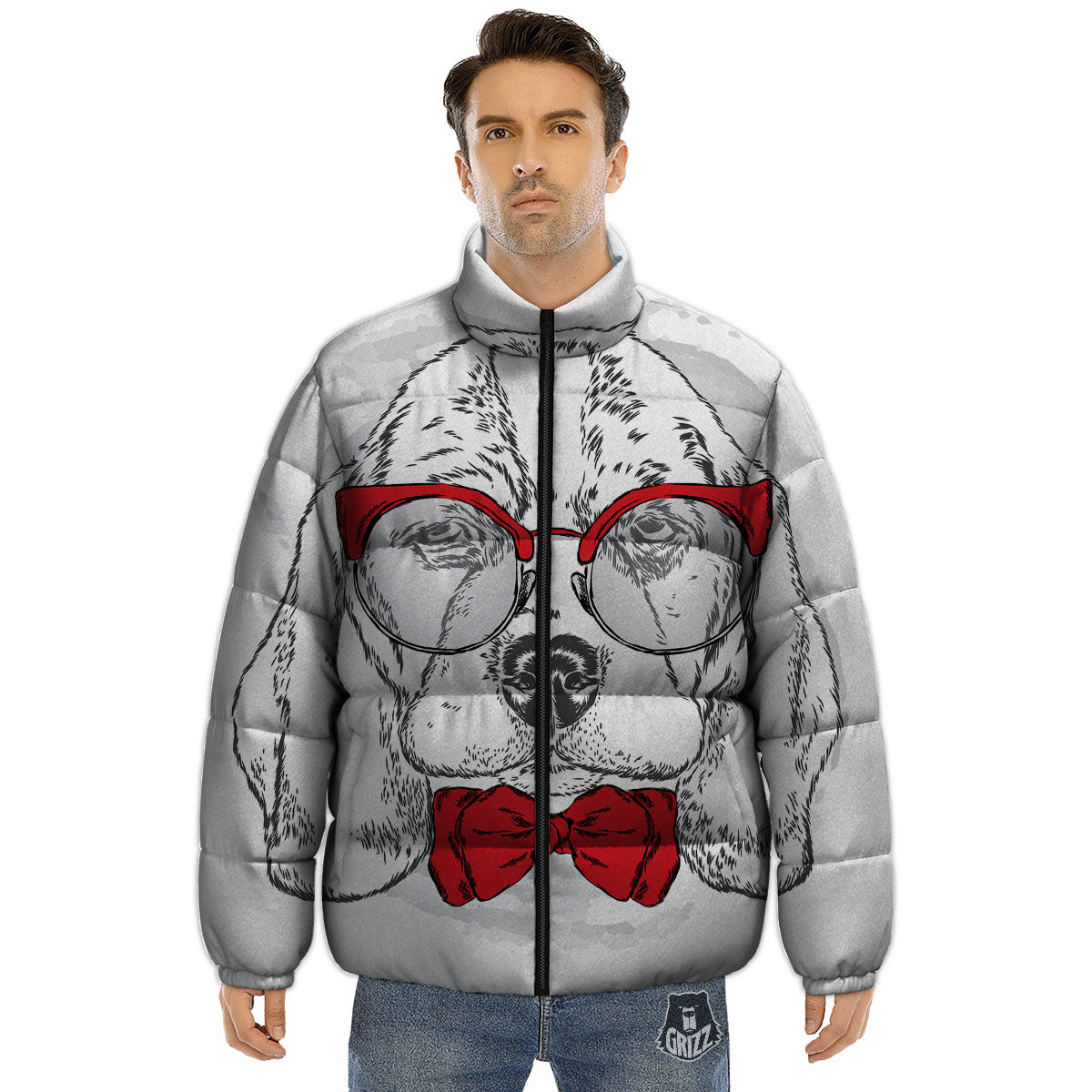 Beagle With Glasses Hipster Print Puffer Jacket-grizzshop
