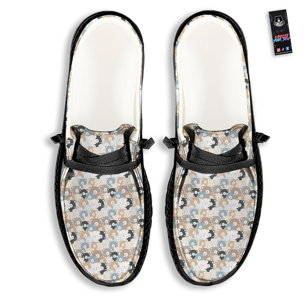 Bear Cute Print Pattern Black Loafers-grizzshop