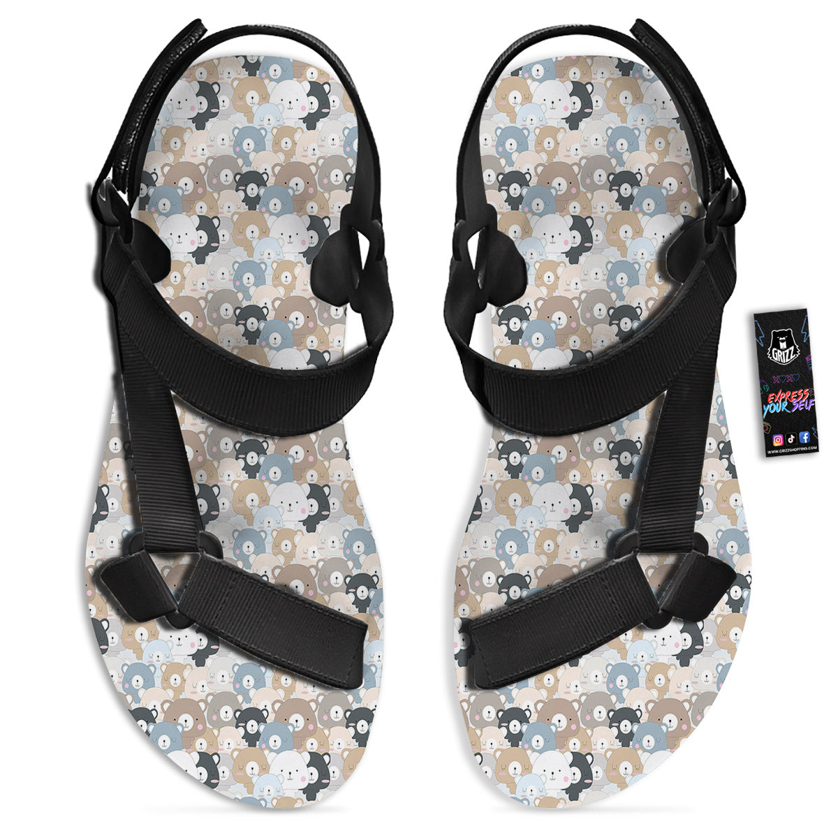 Bear Cute Print Pattern Black Open Toe Sandals-grizzshop