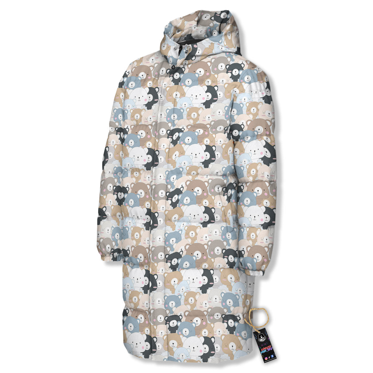 Bear Cute Print Pattern Long Down Jacket-grizzshop