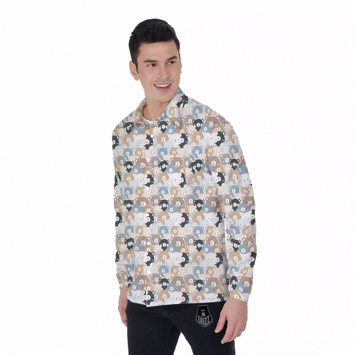 Bear Cute Print Pattern Men's Long Sleeve Shirts-grizzshop