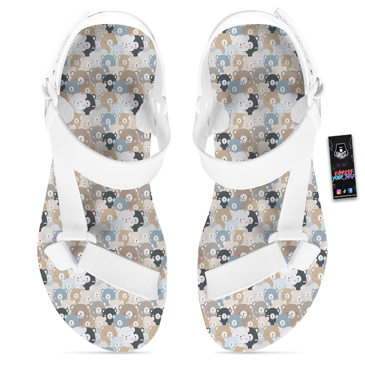 Bear Cute Print Pattern White Open Toe Sandals-grizzshop