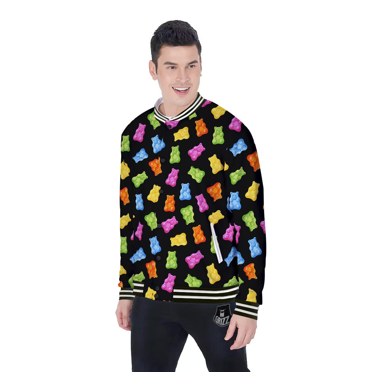 Bear Sweet Gummy Print Pattern Baseball Jacket-grizzshop