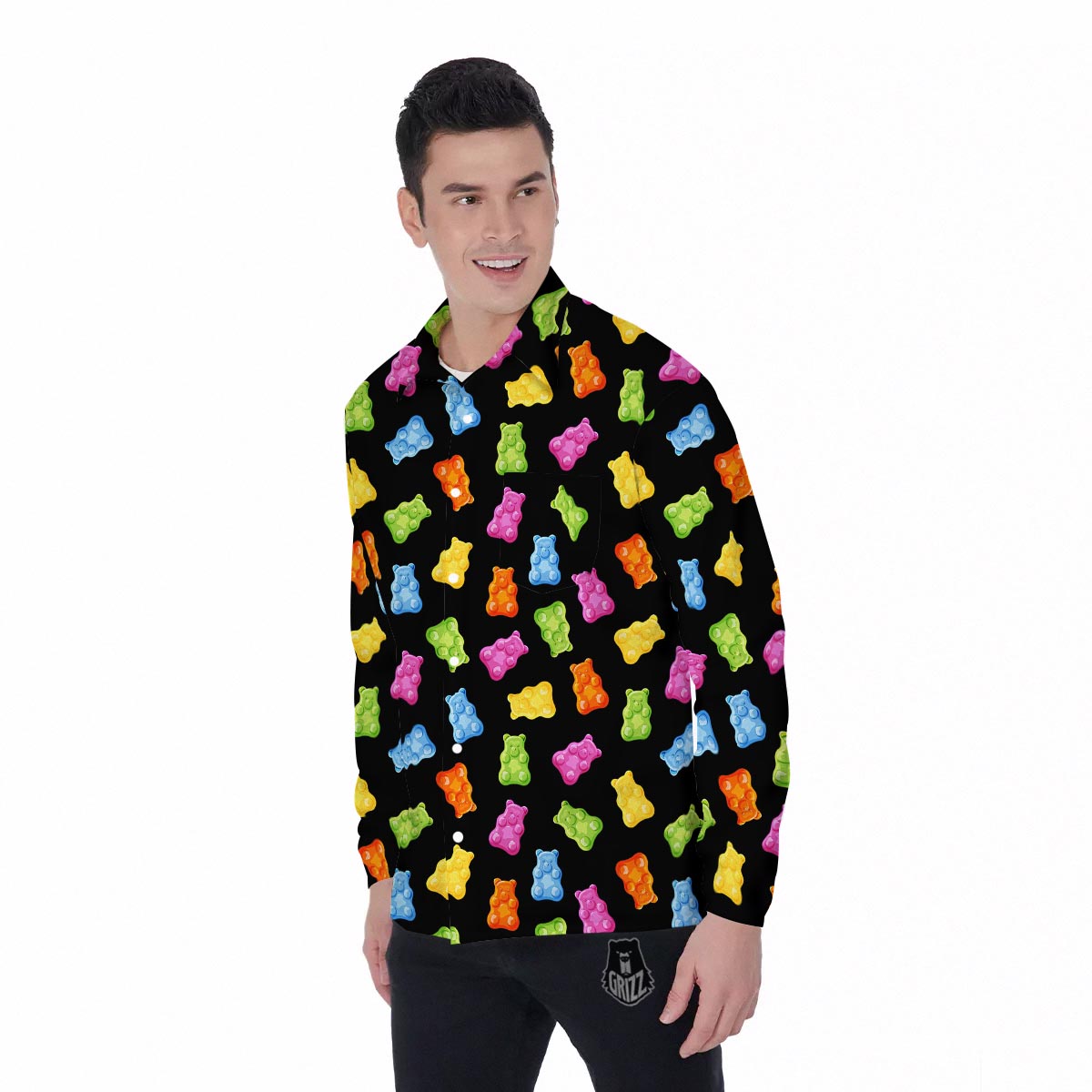 Bear Sweet Gummy Print Pattern Men's Long Sleeve Shirts-grizzshop