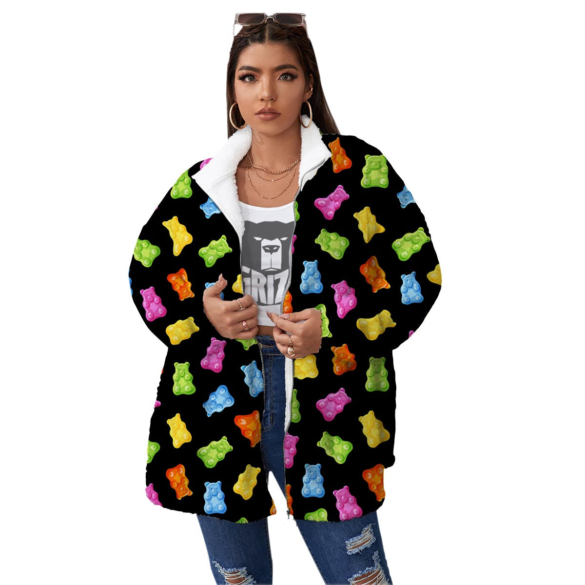Bear Sweet Gummy Print Pattern Women's Sherpa Jacket-grizzshop