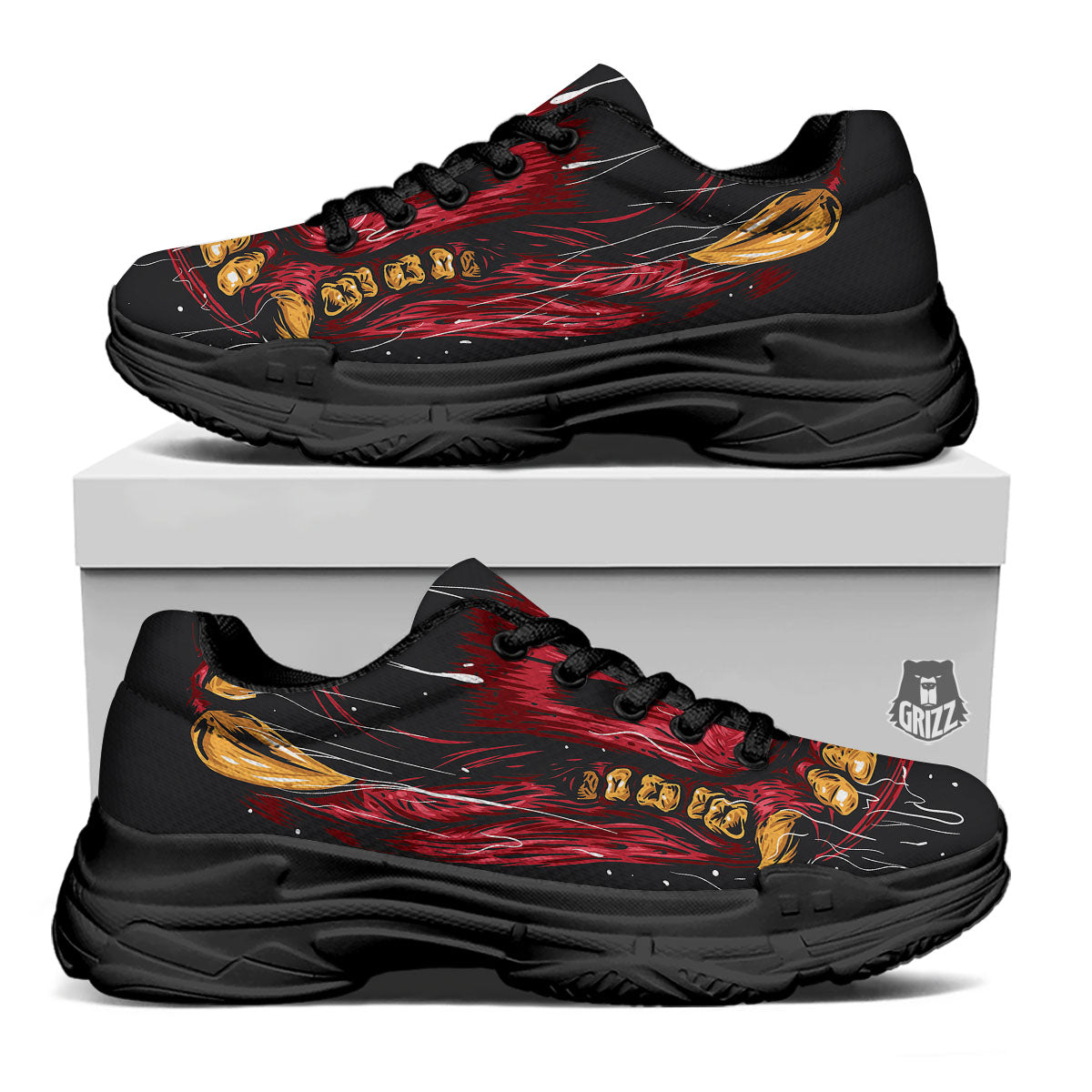Beast Mouth Open Print Black Chunky Shoes-grizzshop