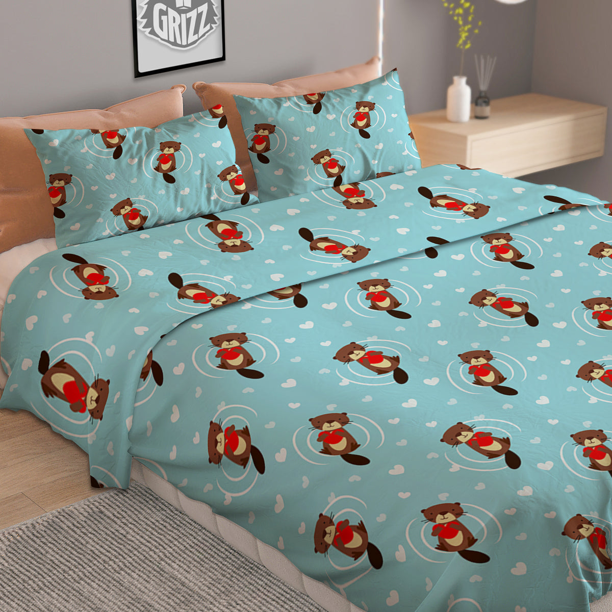 Beaver And Heart Print Pattern Duvet Cover Bedding Set