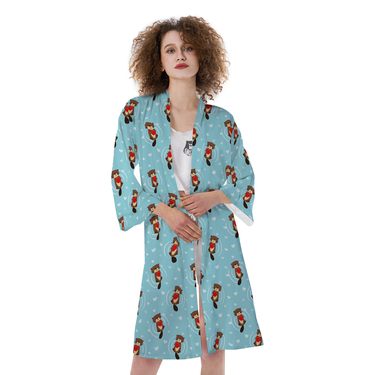 Beaver And Heart Print Pattern Kimono-grizzshop