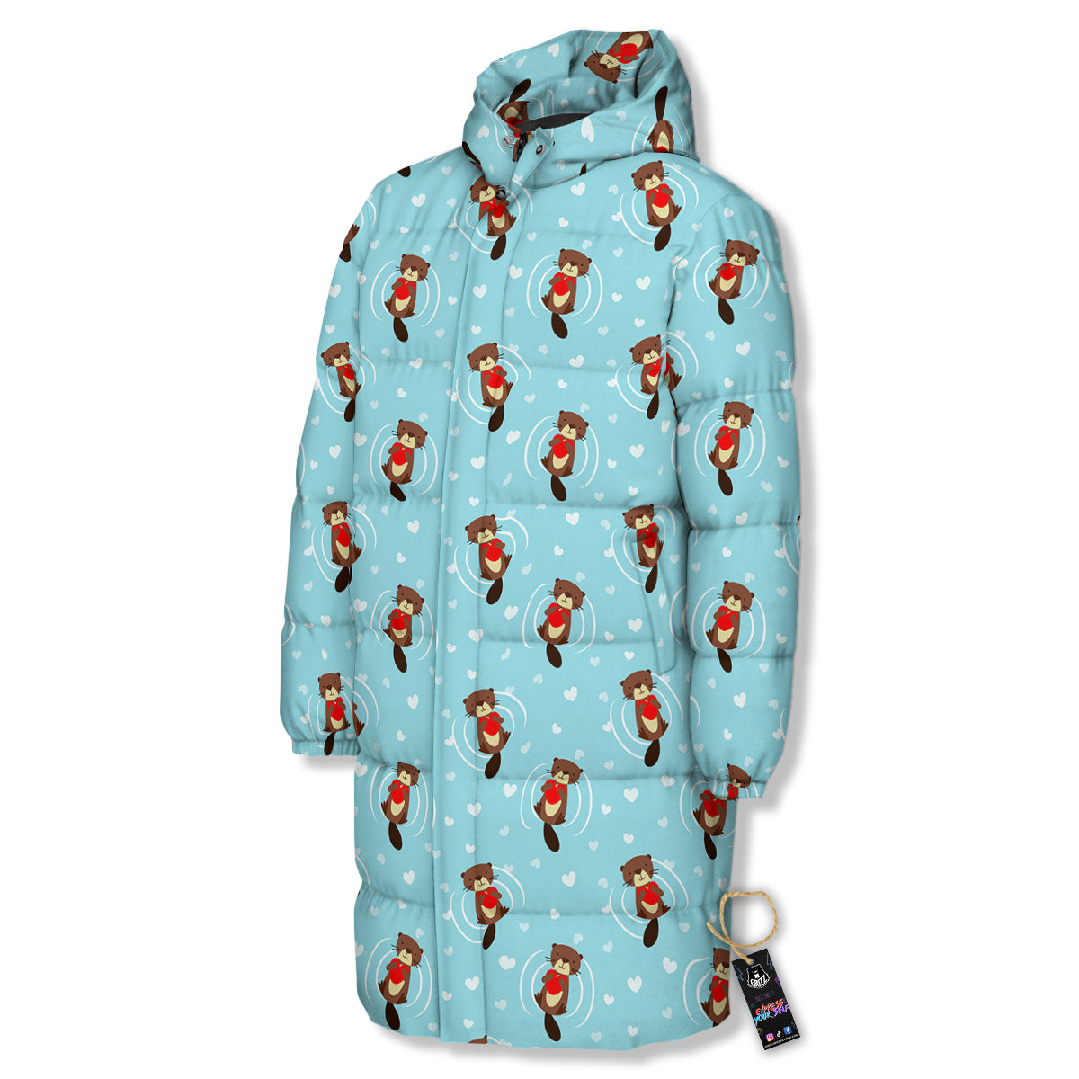 Beaver And Heart Print Pattern Long Down Jacket-grizzshop