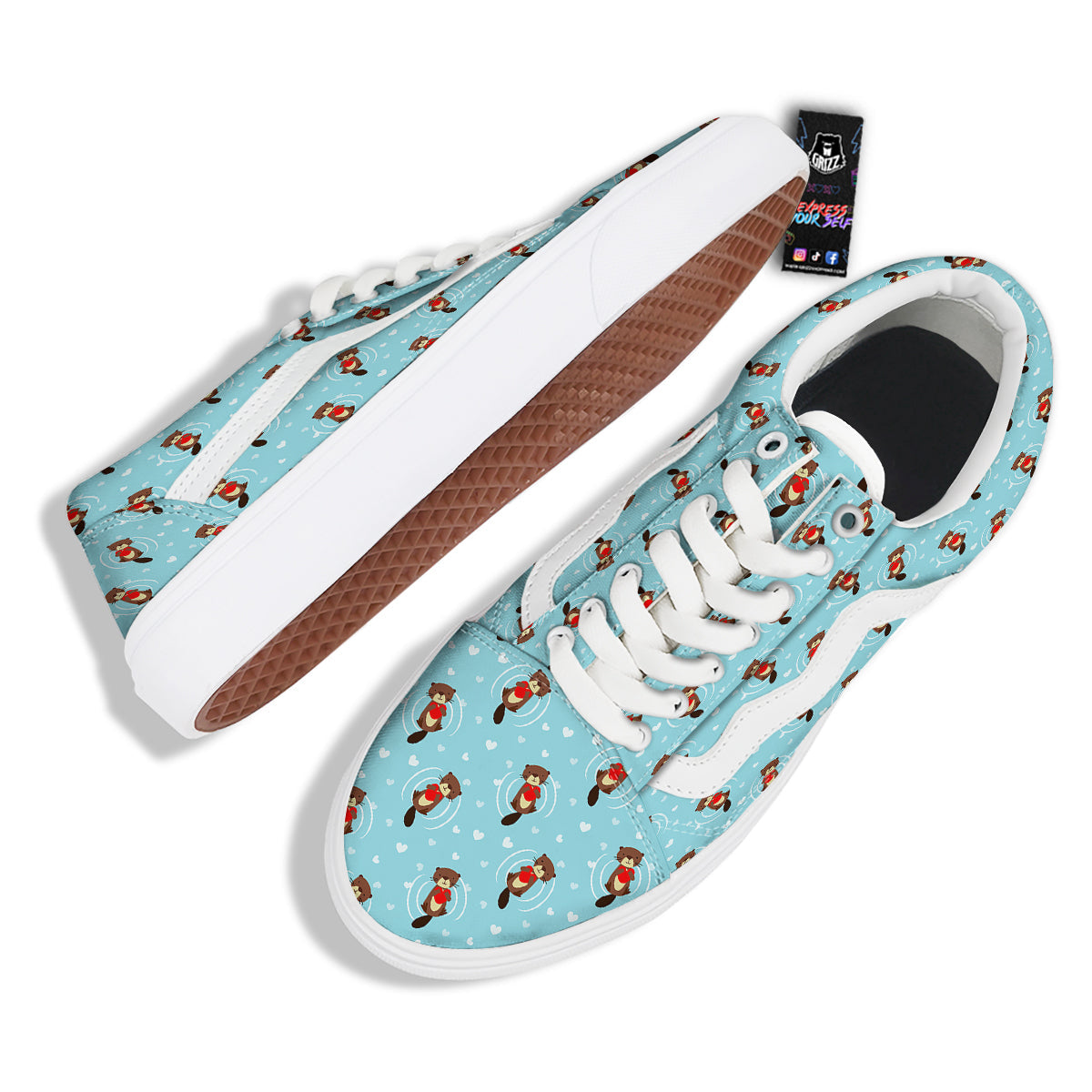 Beaver And Heart Print Pattern Skate Shoes-grizzshop
