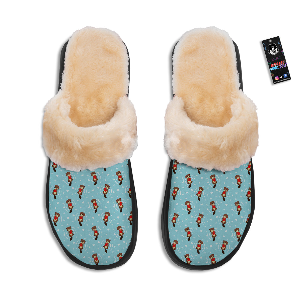 Beaver And Heart Print Pattern Slippers-grizzshop