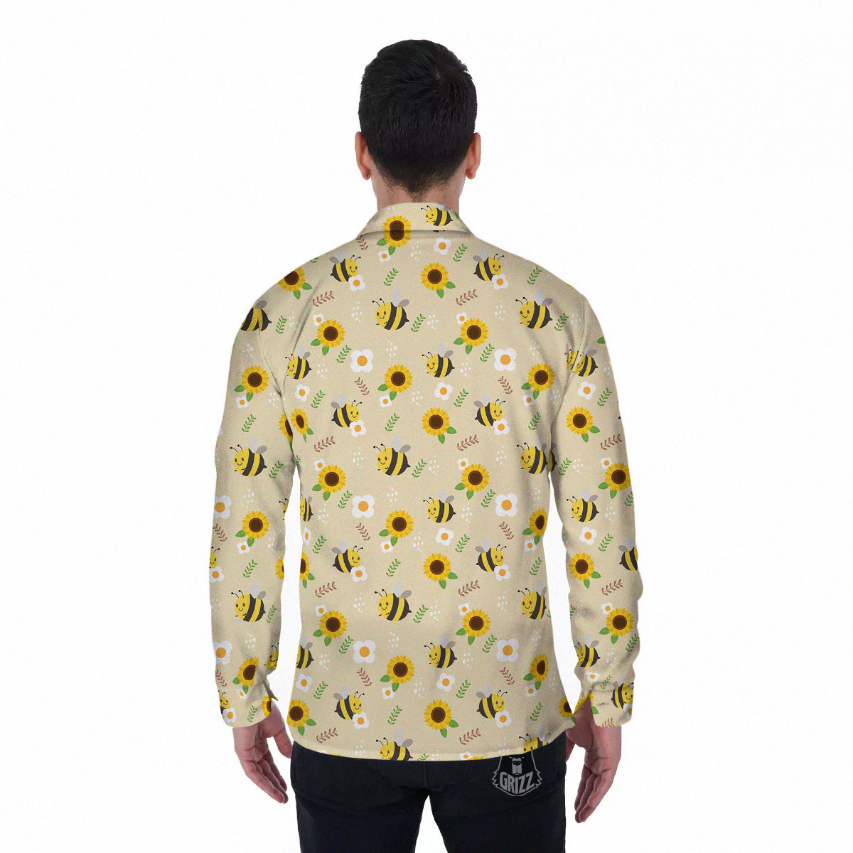 Bee Cute Cartoon Print Pattern Men's Long Sleeve Shirts-grizzshop