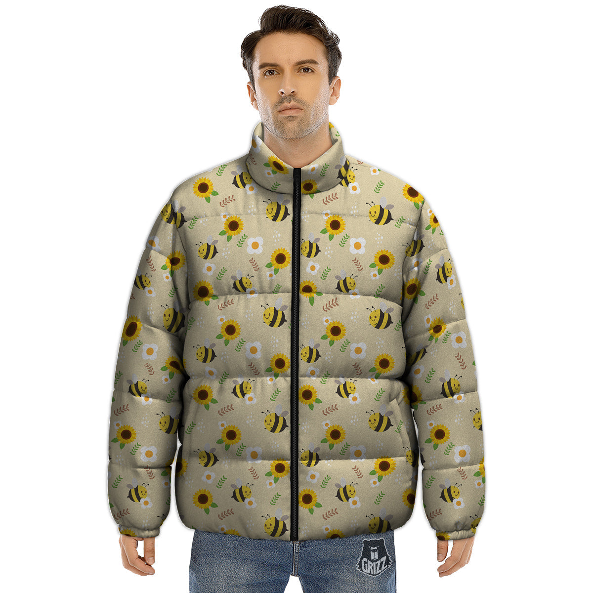 Bee Cute Cartoon Print Pattern Puffer Jacket-grizzshop