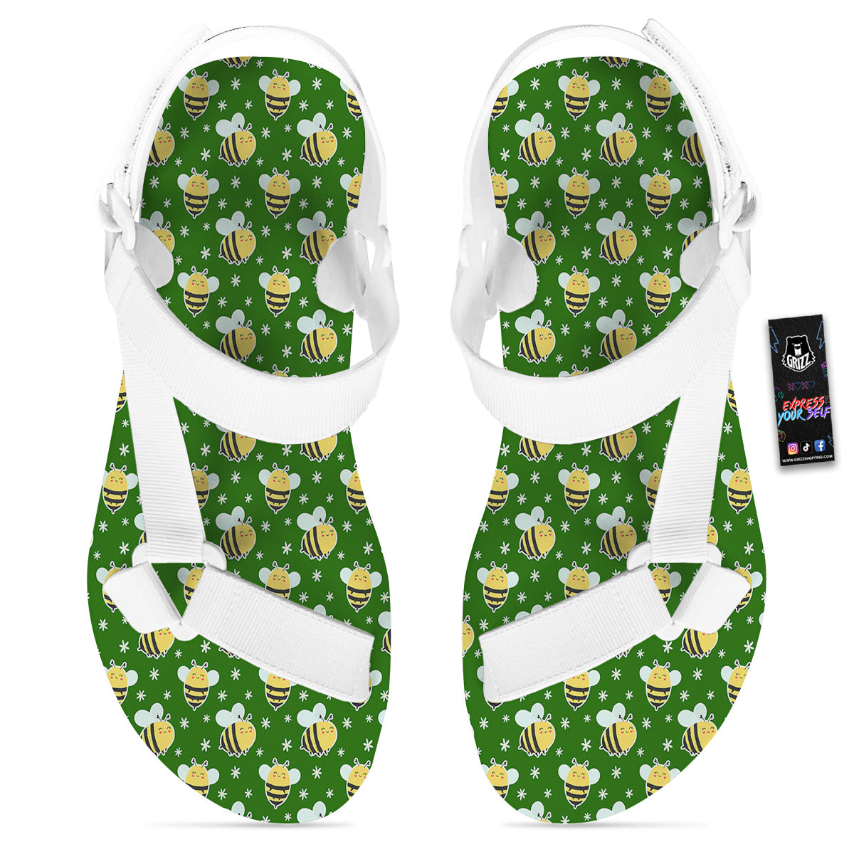 Bee Cute Honey Print Pattern White Open Toe Sandals-grizzshop