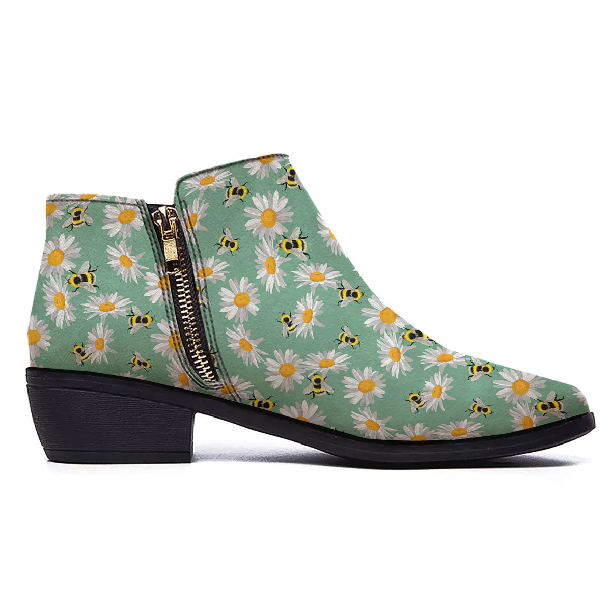 Bee Flower Print Pattern Ankle Boots-grizzshop