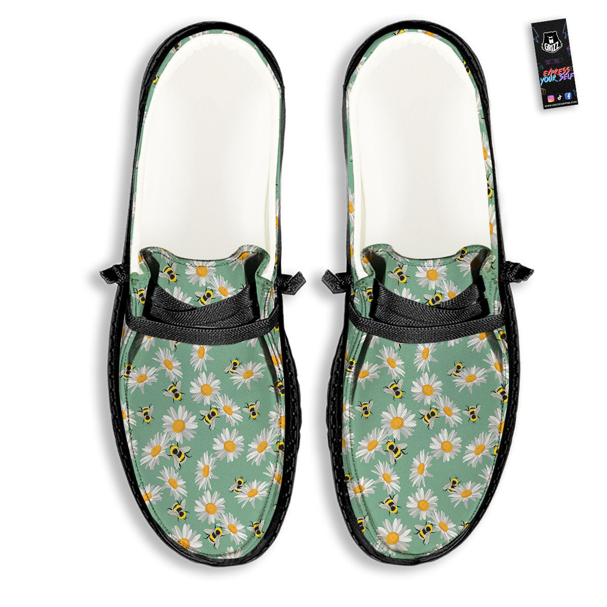 Bee Flower Print Pattern Black Loafers-grizzshop