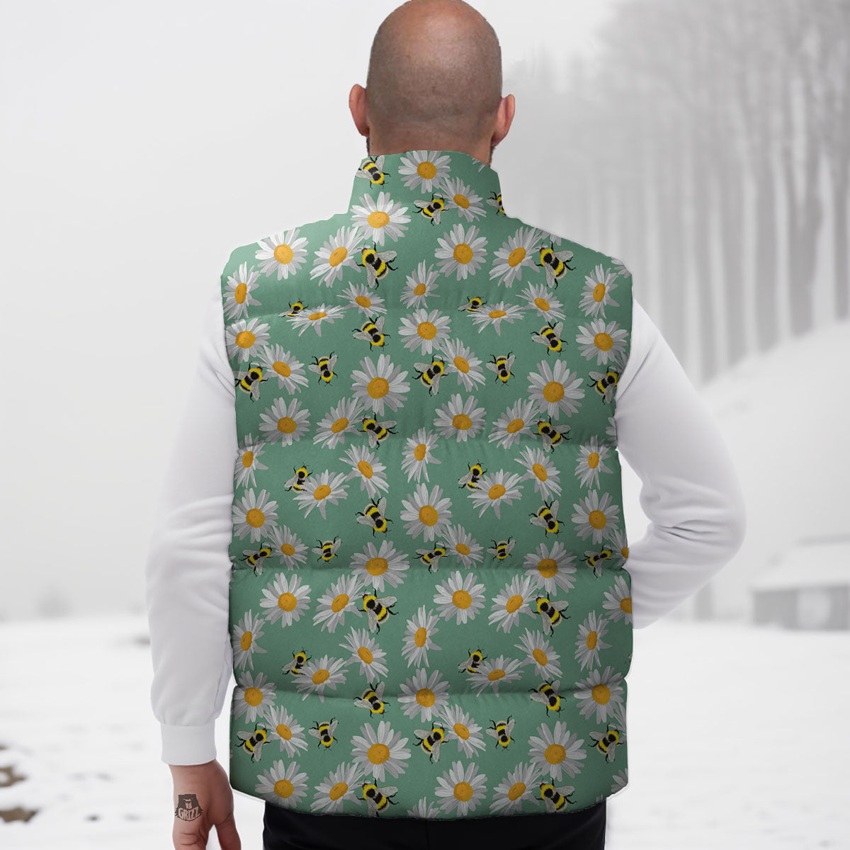 Bee Flower Print Pattern Down Vest-grizzshop