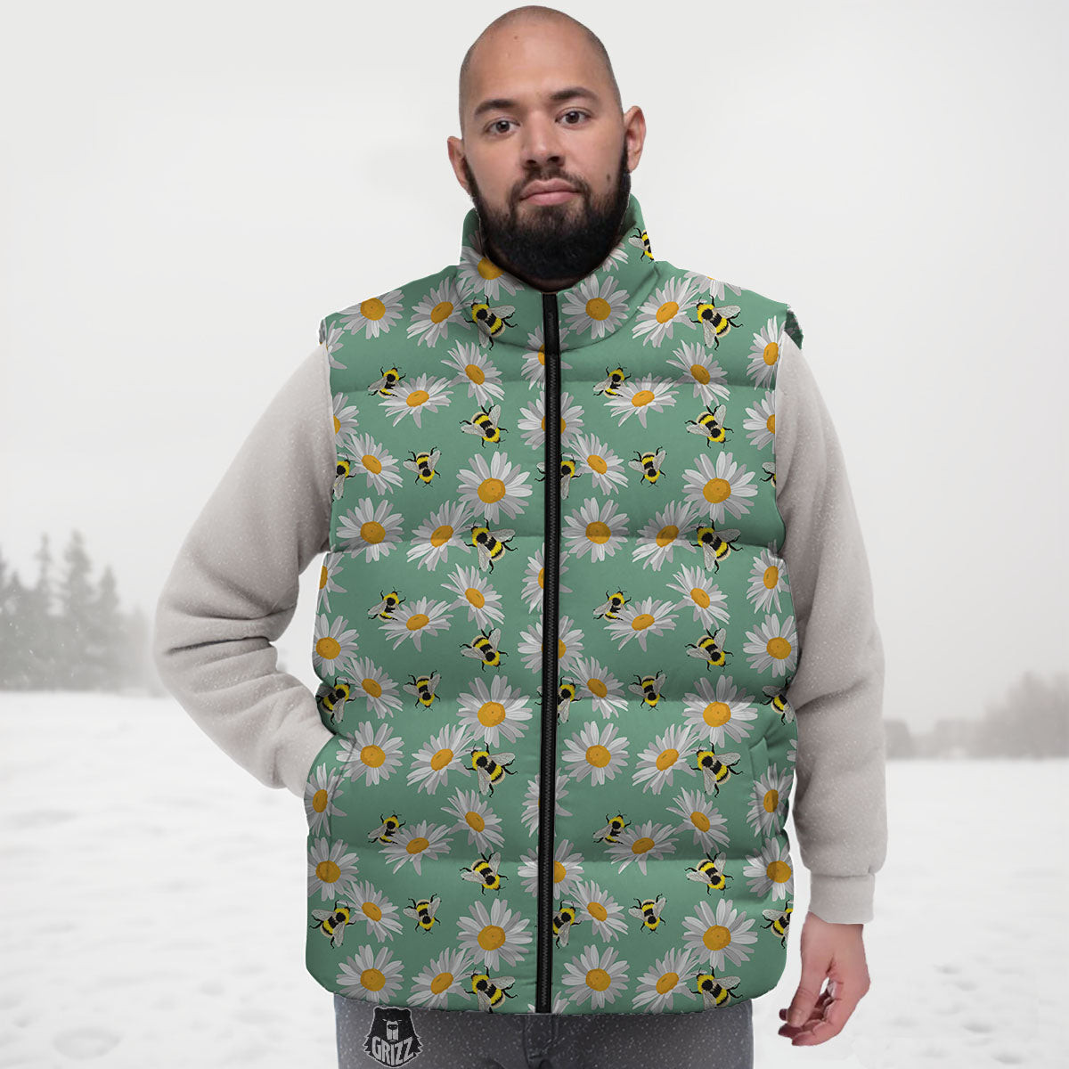 Bee Flower Print Pattern Down Vest-grizzshop