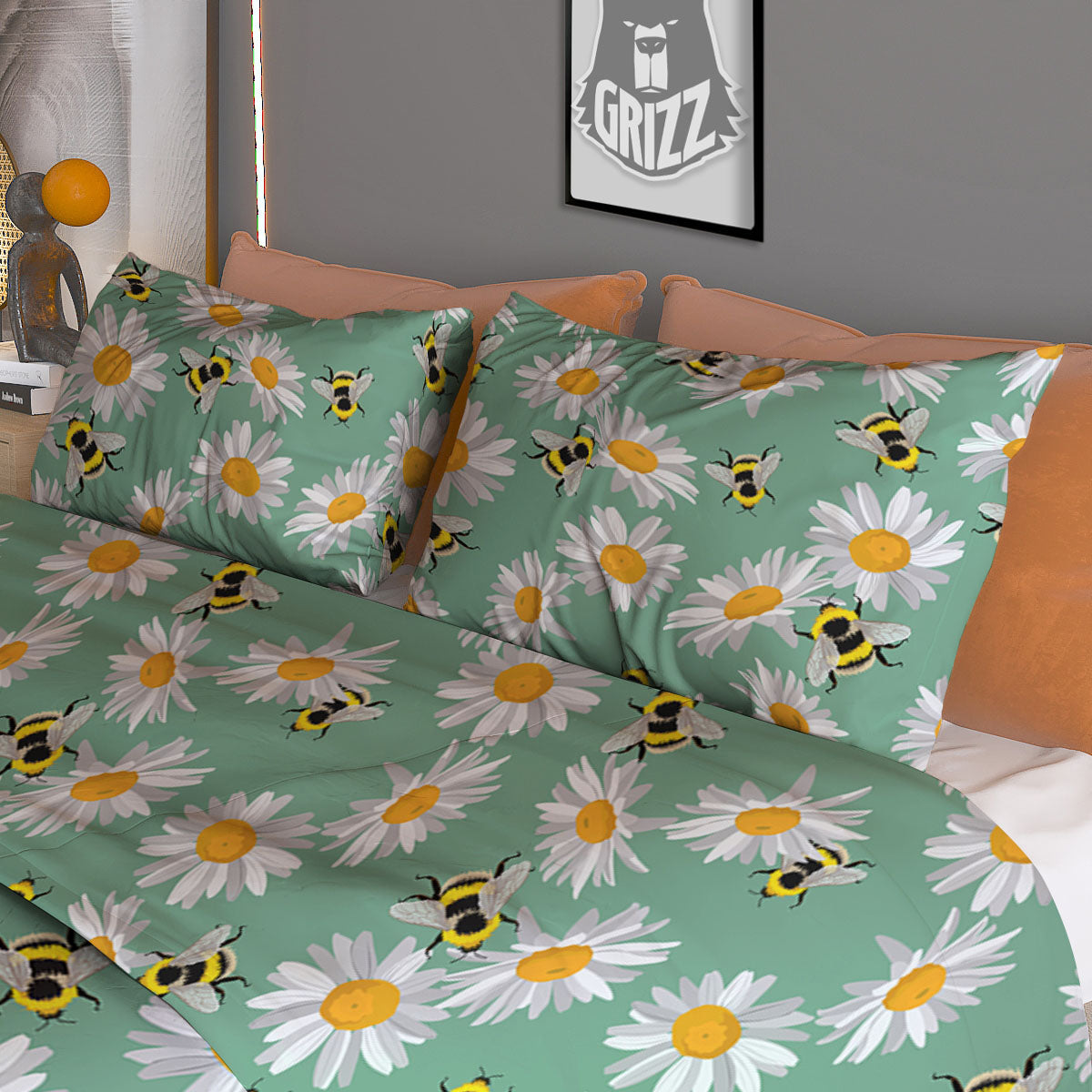 Bee Flower Print Pattern Duvet Cover Bedding Set-grizzshop