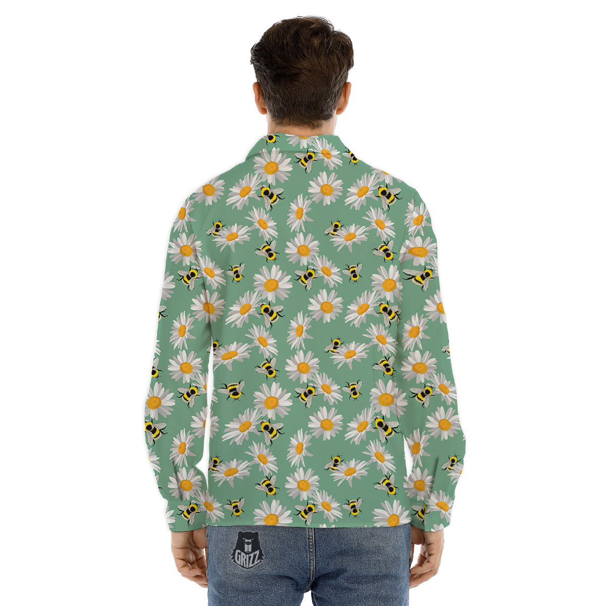 Bee Flower Print Pattern Men's Dress Shirts-grizzshop