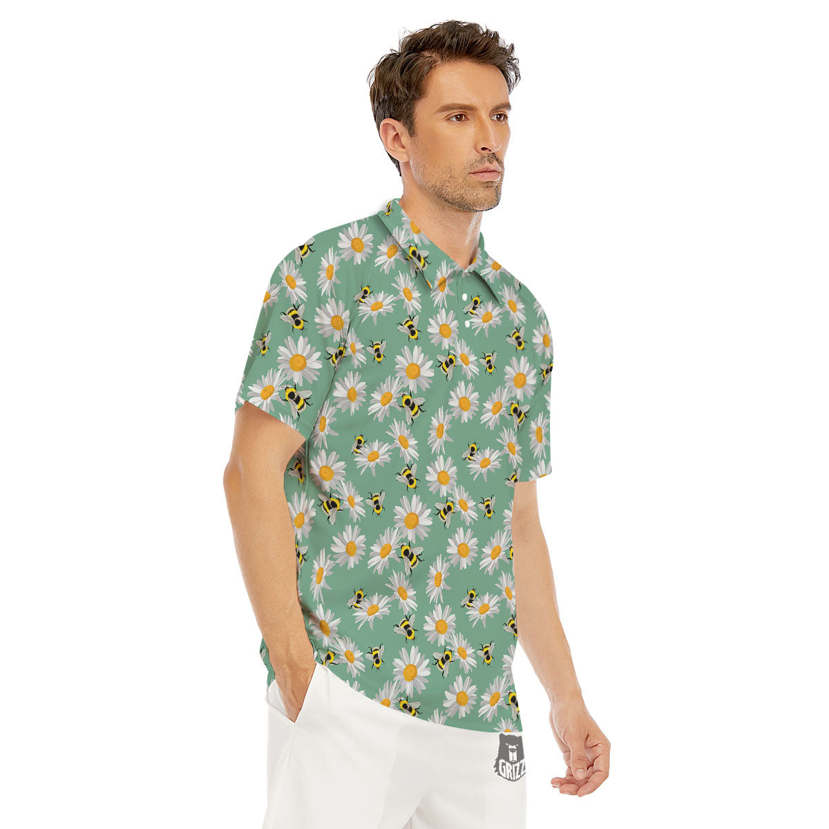 Bee Flower Print Pattern Men's Golf Shirts-grizzshop