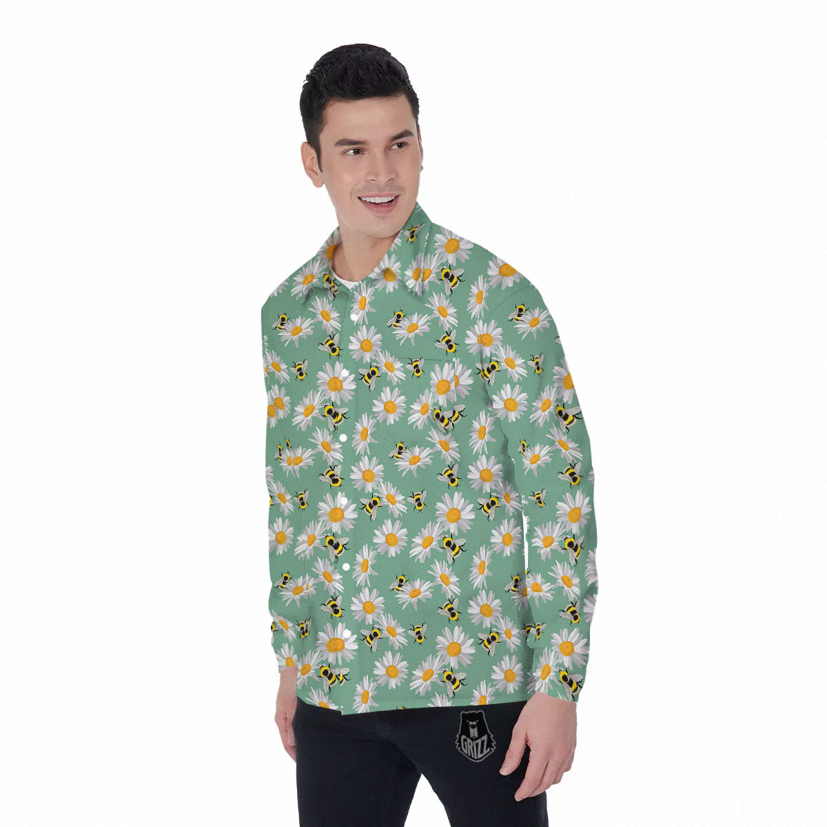 Bee Flower Print Pattern Men's Long Sleeve Shirts-grizzshop
