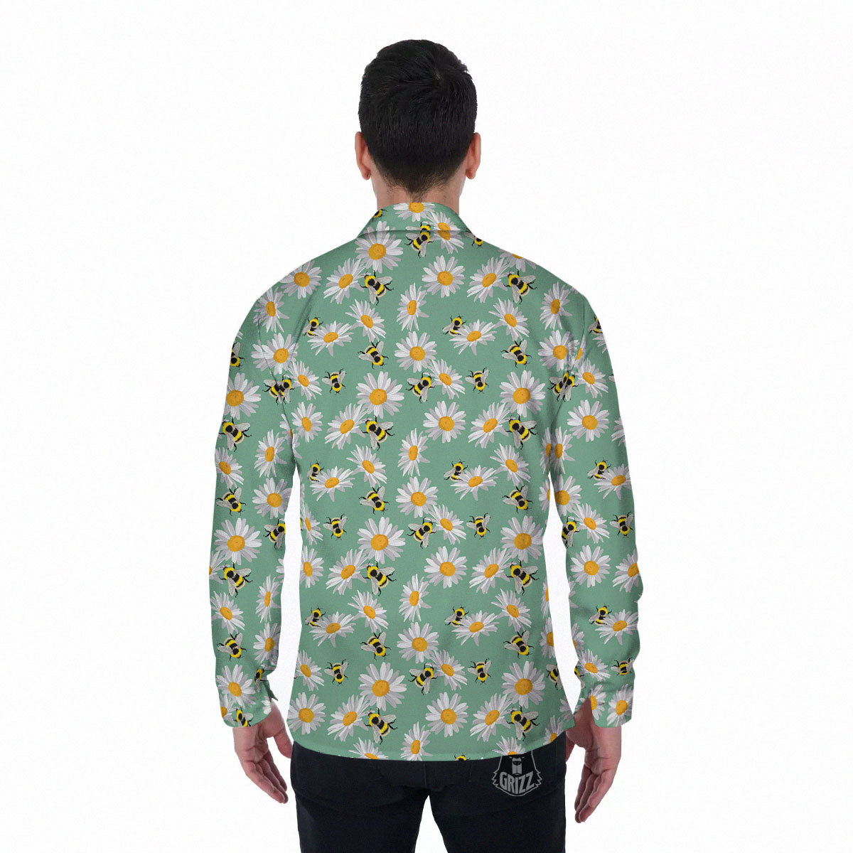 Bee Flower Print Pattern Men's Long Sleeve Shirts-grizzshop